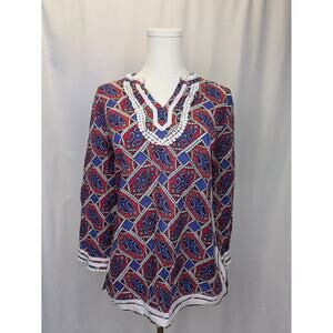 Talbots Paisley Tunic Top Womens Small 3/4 Sleeve Patriotic Red White Blue Shirt